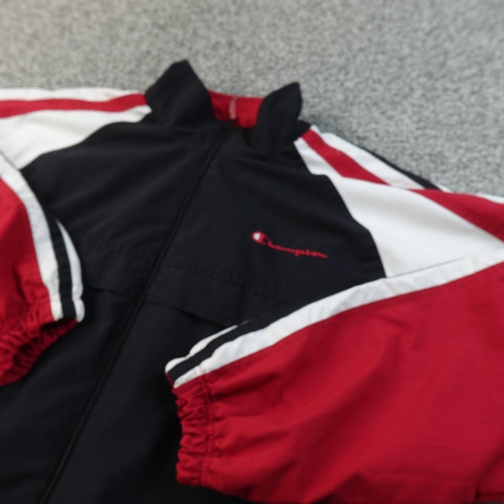 VTG Champion Jacket Mens L Black Red White Colorblock Full Zip Windbreaker‎ Coat